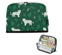 Kcldeci Standing Pencil Case Large Capacity Zippered Pen Pouch,White Tiger on Green Pencil Bag for Girls Boys Office School