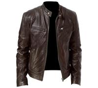 KCLEE Men’s Stand Collar Leather Jacket Casual Faux Leather Motorcycle Jacket with Zipper Pockets Men's Winter Zipper Cardigan Pocket Decoration PU Leather Jacket Stand Collar Slim Leather Jacket