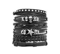 kclkda Leather Bracelet Set, 6PCS Black Brown Punk Wristbands for Men Women, Wide Braided PU Leather Cuff Bracelets with Skull & Star Accents, Gothic Y2K Jewelry