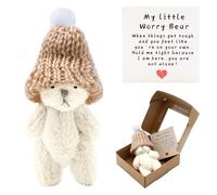 KCMOSGI Mini Worry Bear with A Hat, Positive Mini Bears, Little Worry Bears in A Box with Encouragement Little Card, Soft Handmade Pocket Bear for Lovers, Family, Friend (White)