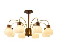 KCO 8 Light Rustic Wood Sputnik Ceiling Light Fixture, Ribbed Milk Glass Pendant Lights, Vintage Farmhouse Chandelier, Modern White Gold Globe Chandelier, 35.4" x 18.9" x 35.4"