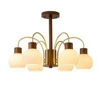 KCO Lighting 6-Lights Ribbed Milk Glass Chandelier Farmhouse Rustic Walnut Wood Chandelier Lighting Frosted White Globe Pendant Light Mid Century Modern Gold Semi Flush Mount Ceiling Light