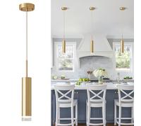 KCO Lighting Mid Century LED Gold Mini Pendant Light, Modern Kitchen Island Pendant Light Fixtures with Small Cylinder Lampshade, Gold Pendant Lighting for Bedroom, Dinning Room (Gold)
