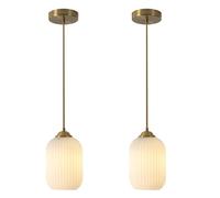 KCO Lighting Mini Milk Glass Pendant Light Small Ribbed Glass Pendant Light Modern Globe Pendant Lighting White and Gold Ceiling Hanging Lights Mid Century Brass Pendant Light Fixture 2 Pack
