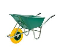 Kct 110L Wheelbarrow Green Heavy Duty Garden Large Plastic Builders Barrow With Solid Puncture Proof Tyre Wheel & Non Slip Handles