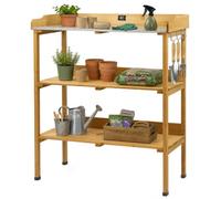 KCT 3 Tier Wooden Outdoor Garden Potting Table Bench | 2 storage shelves, retaining sides, rubber feet, 80cm x 36cm x 90cm, 100kg capacity, unfinished wood