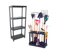 Kct Garden Tool Storage With Wheels & 4 Tier Plastic Shelving Unit For Shed Garage Organiser Holder Tidy Freestanding Accessories