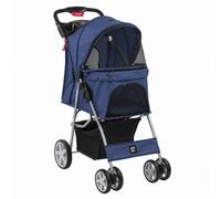 Kct Hooded Foldable Pet Dog Cat Stroller - Blue - 4 Wheel Travel Carriage With Safety Leash, Canopy, Cup Holder, Storage Tray