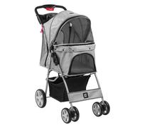 Kct Hooded Foldable Pet Dog Cat Stroller Grey- 4 Wheel Travel Carriage With Safety Leash,canopy, Cup Holder, Storage Tray