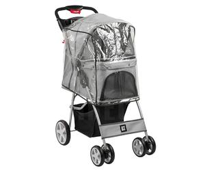 KCT Hooded Foldable Pet Dog Cat Stroller with Waterproof Rain Cover - Grey - 4 Wheel Travel Carriage with Safety Leash, Canopy, Cup Holder, Storage Tray