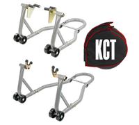 Kct Motorcycle Paddock Stand Set: Rear & Front Spool Cradle With Tyre Warmer Covers