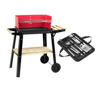 KCT Open Top Trolley BBQ with 10 Pc Tool Set Small Portable Charcoal Barbeque Stove Grill Barbecue with Wheels For Patio Party Camping