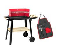 KCT Open Top Trolley BBQ with Tool Set Kit Small Portable Charcoal Garden Barbeque Stove Grill Barbecue with Wheels For Patio Party Camping