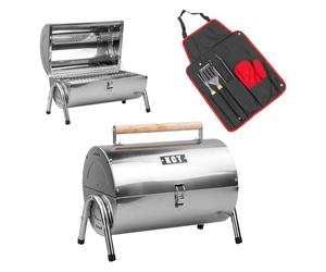KCT Portable Barrel BBQ with 5 Piece Tool Kit Stainless Steel Table Top Barbecue for Travel, Camping, Picnic
