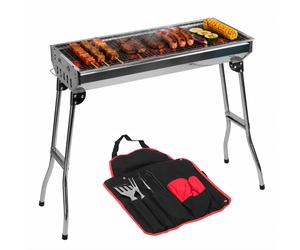 KCT Stainless Steel Portable BBQ with Tool Set Charcoal Barbeque Kit Utensils Folding Foldable Large Barbecue Grill For Outdoor Camping Travel Garden