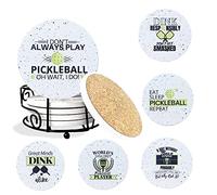 KCT Store Pickleball Gifts for Women and Men - Appreciation Gifts - Absorbent Ceramic Coasters 6pc - Metal Holder & Cylinder Kraft Gift Box Included