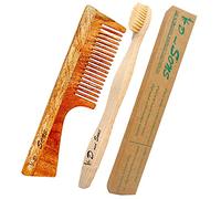 kd and sons 2 pcs combo pack of handmade unisex authentic antidandruff neem wood comb with handle & 100% organic curvy bamboo toothbrush with soft natural bamboo bristles