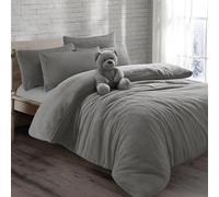 KD HOME EVERYTHING YOU NEED Teddy Bear Fleece Super Soft Fluffy Warm and Cosy Duvet Sets with matching Fitted Sheet and Pillowcases (Silver, Single Duvet Set)