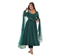 KD Women Floral Print Anarkali Kurta with Pant and Dupatta Set Anarkali Kurti for Women Georgette Anarkali Dress, Full Sleeve, Green, XXL