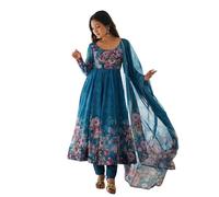 KD Women's Floral Print Anarkali Kurta Set with Pant and Dupatta, Georgette, Full Sleeves, Asymmetric Hemline, BLUE, XXL