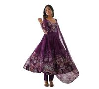 KD Women's Floral Print Anarkali Kurta Set with Pant and Dupatta, Georgette, Full Sleeves, Asymmetric Hemline, PURPLE, S