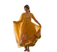 KD Women's Floral Print Anarkali Kurta Set with Pant and Dupatta, Georgette, Full Sleeves, Asymmetric Hemline, Yellow-1, L