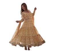 KD Women's Floral Print Anarkali Kurta Set with Pant and Dupatta, Georgette, Full Sleeves, Asymmetric Hemline, BROUN-YELLOW, L
