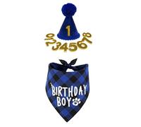 KDAMGOQE 1 Set Dog Birthday Outfit, Cute Blue Boy Dog Birthday Hat and Dog Bandana Scarf Set with Number. Dog Party Hat with Pom-poms Topper for Medium Dogs Cats Pets,Dog Birthday Outfit