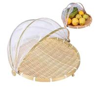 KDAMGOQE Bamboo Basket, 14.2x9.8 Bug-Proof Dustproof Fruit Basket with Cover, Visible Brethable Mesh Food Covers, Portable Round Mesh Food Covers