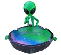 KDAMGOQE Cigar Ashtray Halloween Funny Alien Smoking Ashtray Desktop Resin Multicolor Round Fantasy Eccentric Ash Tray with Heightened Border for Home Office (Green Alien)