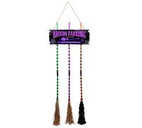 KDAMGOQE Halloween Decorations, Light up Broom Parking Sign with 3 Wooden Witches for Front Porch Wall Home House Lawn Yard Indoor Outdoor, Halloween Home Decor