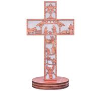 KDAMGOQE Wooden Cross Lighted Cross 11 Inch 3D Engraved Wooden Cross with Light Jesus Birth Scene Figurine Easter Christmas Standing Cross for Table Decoration Home Office Decor