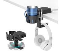 KDD 3 in 1 Headphone Hanger with Cup Holder - Rotatable Headset Hook & Desk Cord Organizer - for Coffee Mups, Water Cups, Headphone, Charging Cables, Home & Office