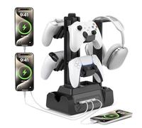 KDD Charging Station for Multiple Devices - 4 Ports Charging Dock with Controller and Headset Stand - 3 USB A & 1 USB C for Cellphone Tablet and Other Electronic - Multi Storage for Gaming Accessories
