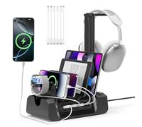 KDD Charging Station with 6 Charging Cables - Fast Charging 6 in 1 Cellphone Charging Dock with Headphone Stand and Watch Holder - 2 AC&USB A&USB C, Storage Station for Smartphone,Tablets, AppleWatch