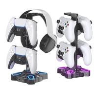 KDD Gaming Headphones Stand, Rotatable Headset Stand with 9 Light Modes - Controller Holder with 2 USB Charging Ports and 3.5mm & Type-C Port - Earphone Hanger Accessories for Desktop Gamer