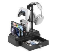 KDD Headphone Stand with Drawer - Rotatable Headset Holder Detachable Controller Holder for Desk - Multifunctional Organizer with Device Slot for Phones, Tablets - Universal Gaming Accessories