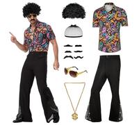 KDFJIEelf 70s Disco Outfit Costume for Men, Include Retro Shirt Bell Bottom Pants Wig Sunglasses Necklace Wig Cap, for Disco Party (Colorful, Large)