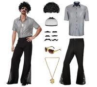 KDFJIEelf 70s Disco Outfit Costume for Men, Include Retro Shirt Bell Bottom Pants Wig Sunglasses Necklace Wig Cap, for Disco Party (Silver, Medium)