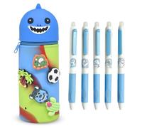 KDFSSIPE Kawaii School Pencil Case 2 in 1 Soft Silicone + 5 Retractable Erasable Erasable Pens, Table Pen Holder, Zipper Closure, Animal Pencil Case - Shark