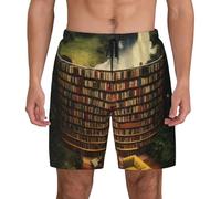 KDKJEDPEAF Library Bookshelf Book Print Men's Quick Dry Swim Trunks Double Layer Compressed Mesh Lining Drawstring Beach Boardshorts with Pockets Black