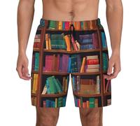 KDKJEDPEAF Library Bookshelf Print Men's Quick Dry Swim Trunks Double Layer Compressed Mesh Lining Drawstring Beach Boardshorts with Pockets Black