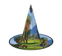 KDKJEDPEAF Palm Tree Golf Course Print Halloween Pointy Hat For Women, Magic Hat, Foldable Witch Hatwizard Party Hat For Cosplay Costume & Daily Accessorie