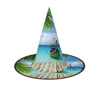 KDKJEDPEAF Seaside Boat Coconut Leaves Print Halloween Pointy Hat For Women, Magic Hat, Foldable Witch Hatwizard Party Hat For Cosplay Costume & Daily Accessorie
