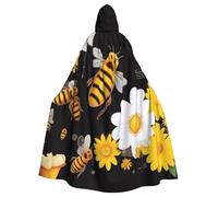 KDKJEDPEAF Unisex Adult Halloween Hooded Cloak - Witch/Wizard Oversize Hood Robe, Flying Bees Daisy Honey Print Cosplay Costume