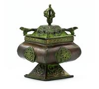 KDMD Brass Verdigris Tibetan Burner - Four Symbols Square Standing Pot in Green KDMD Green