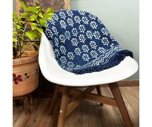 KDMD Handmade Indigo Throw - 170x120cm - Chhota Flower in Blue | Size: 170x120 cm KDMD Blue 170x120 cm