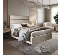 KDMD Holt Upholstered Soft Velvet Beige Metal Designer Bed Frame in Cream | Size: King KDMD Cream King
