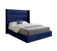 KDMD Jacob Straight Winged Upholstered Soft Velvet Designer Bed Frame in Blue | Size: Double KDMD Blue Double