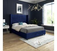 KDMD Volta Straight Winged Upholstered Soft Velvet Blue Bed Frame | Size: Single KDMD Blue Single